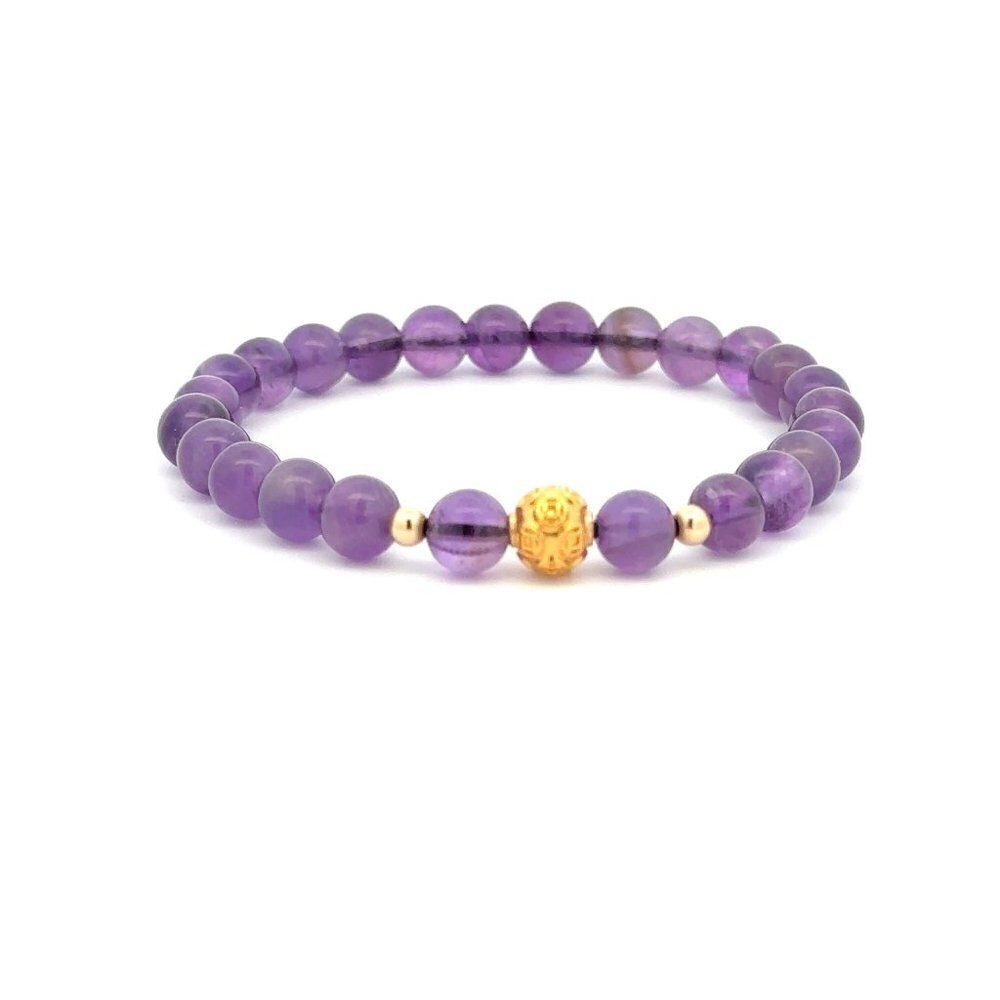 18K Gold Money Ball Lucky Charm Beads Bracelet Gemstones Amethyst 6mm